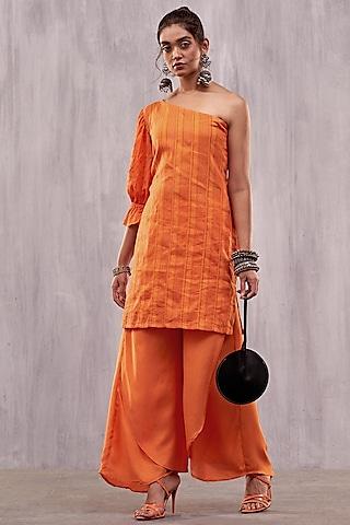 orange cotton striped one-shoulder kurta set