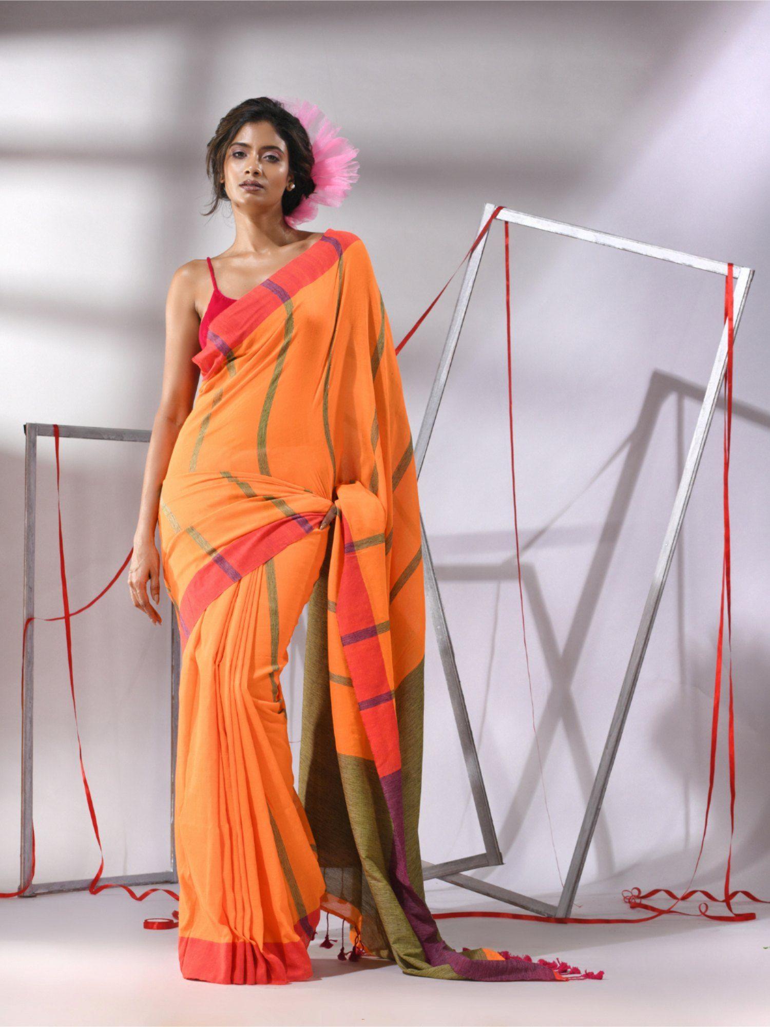 orange cotton stripes designs saree with unstitched blouse