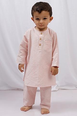 orange cotton stripes printed kurta set for boys