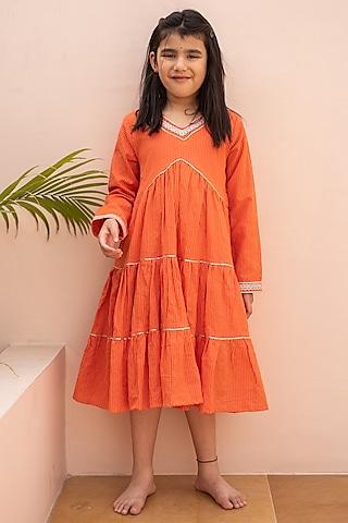 orange cotton tiered dress for girls