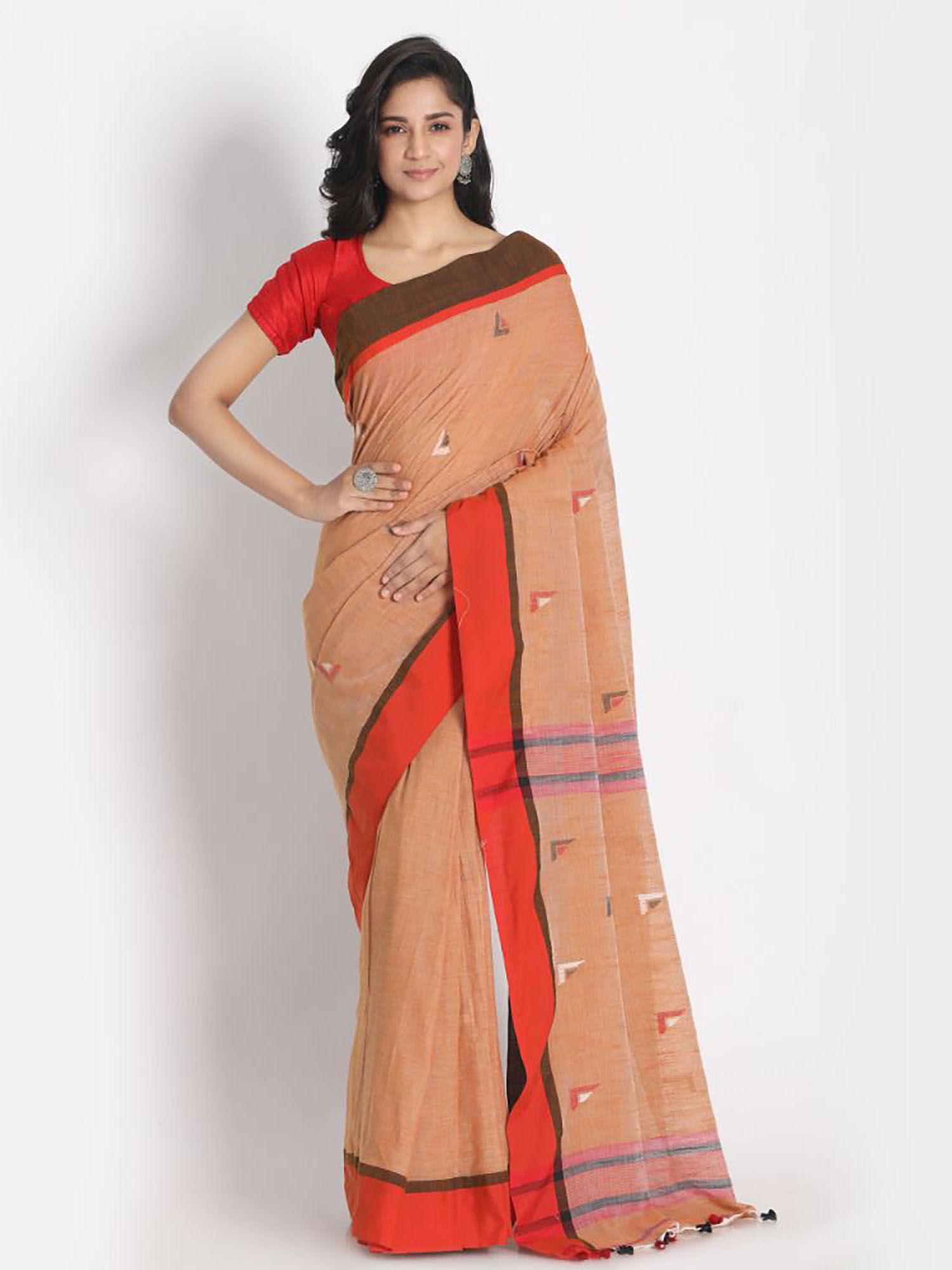 orange cotton woven saree with unstitched blouse