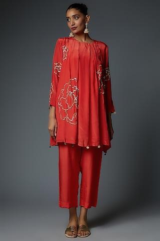 orange crepe & silk embroidered tunic set