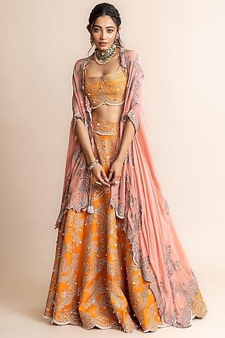 orange crepe hand embroidered jacket lehenga set