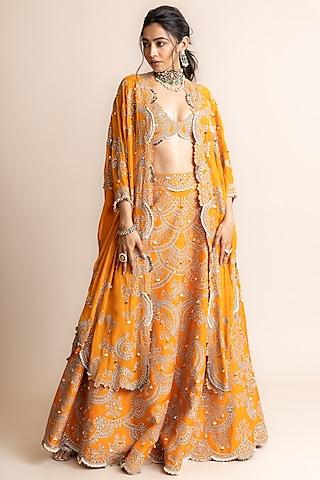 orange crepe hand embroidered jacket lehenga set