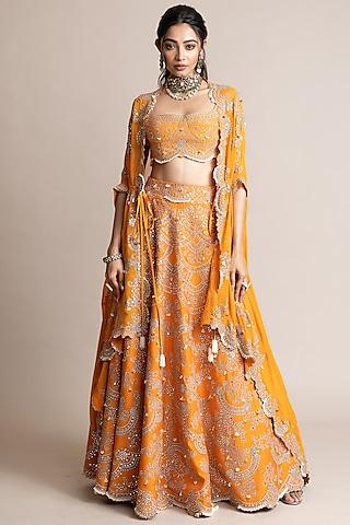 orange crepe hand embroidered jacket lehenga set