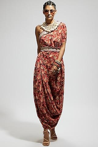 orange crepe jaal printed one shoulder cowl draped dress with belt