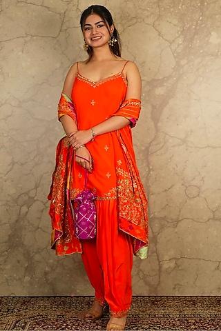 orange crepe kurta set