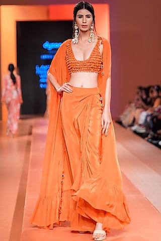 orange crepe silk cape set