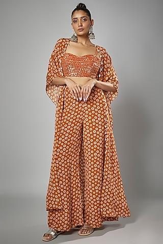 orange crepe silk printed cape set