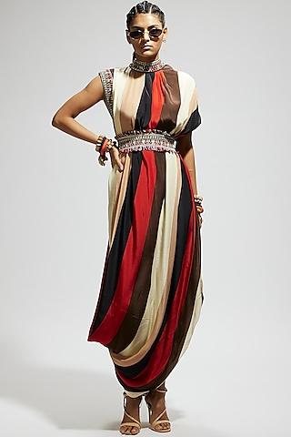 orange crepe stripe printed cowl draped dress with belt