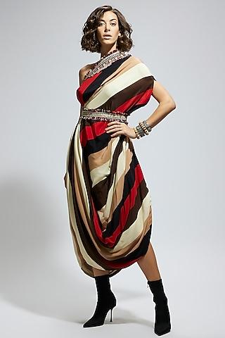 orange crepe stripe printed one shoulder cowl draped dress with belt