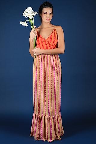 orange crepe striped maxi dress