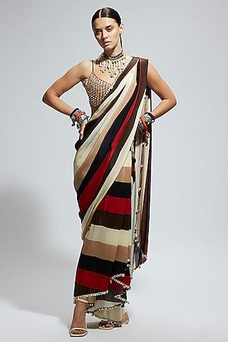 orange crepe striped printed saree set