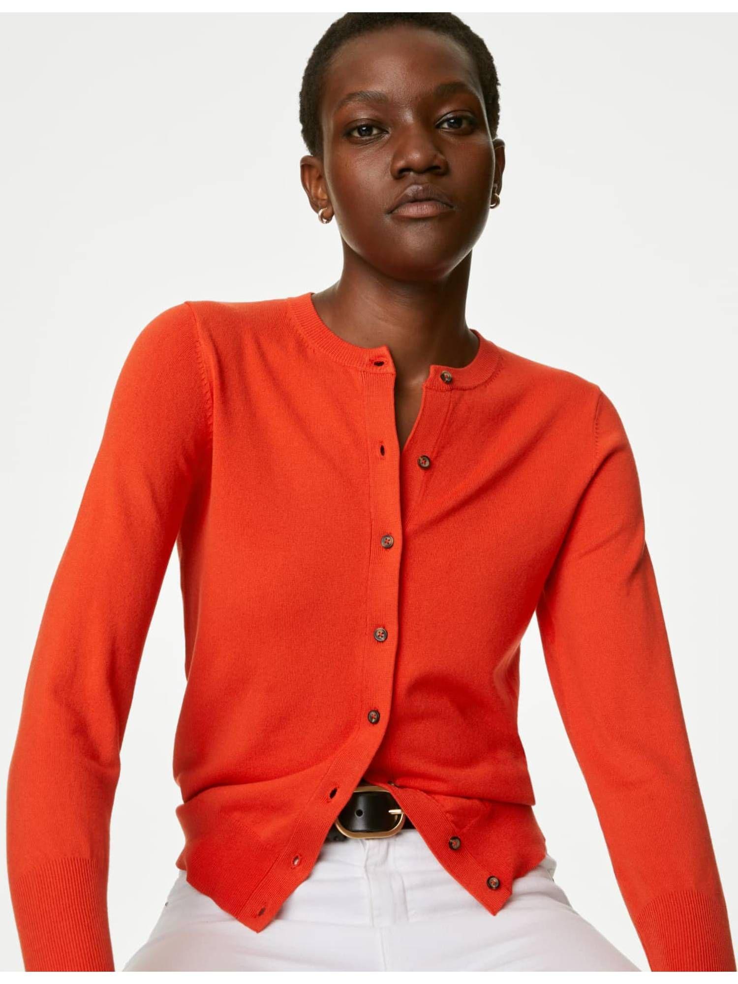 orange crew neck button front cardigan