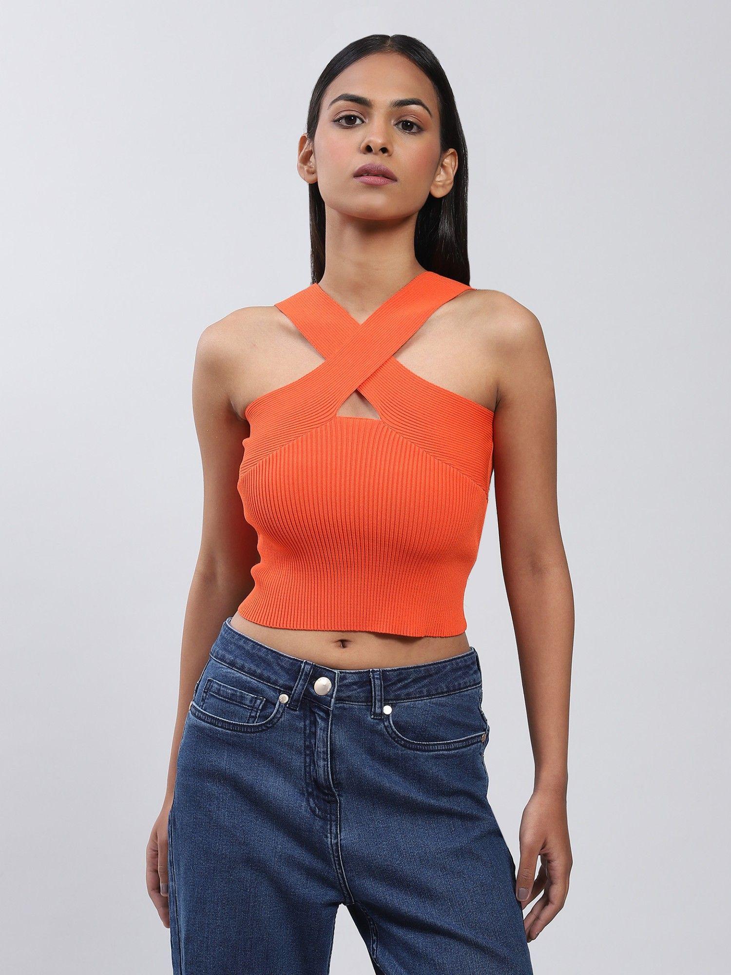 orange criss cross crop top