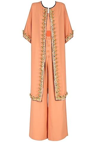 orange crop top with palazzo pants and embroidered cape set