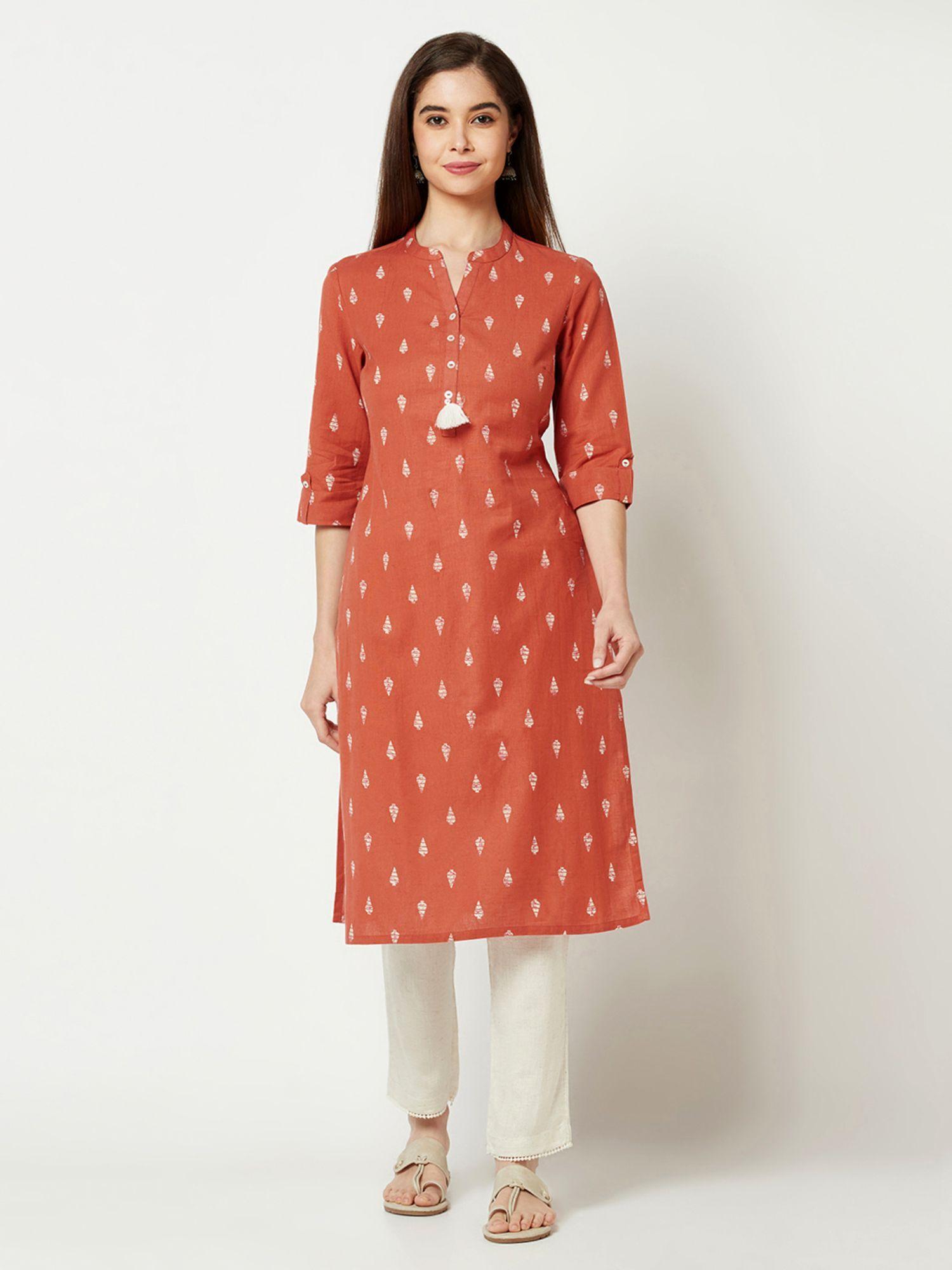 orange daabu print straight kurta