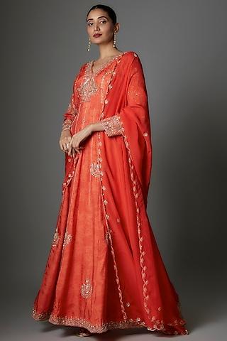 orange dola silk hand embroidered anarkali set