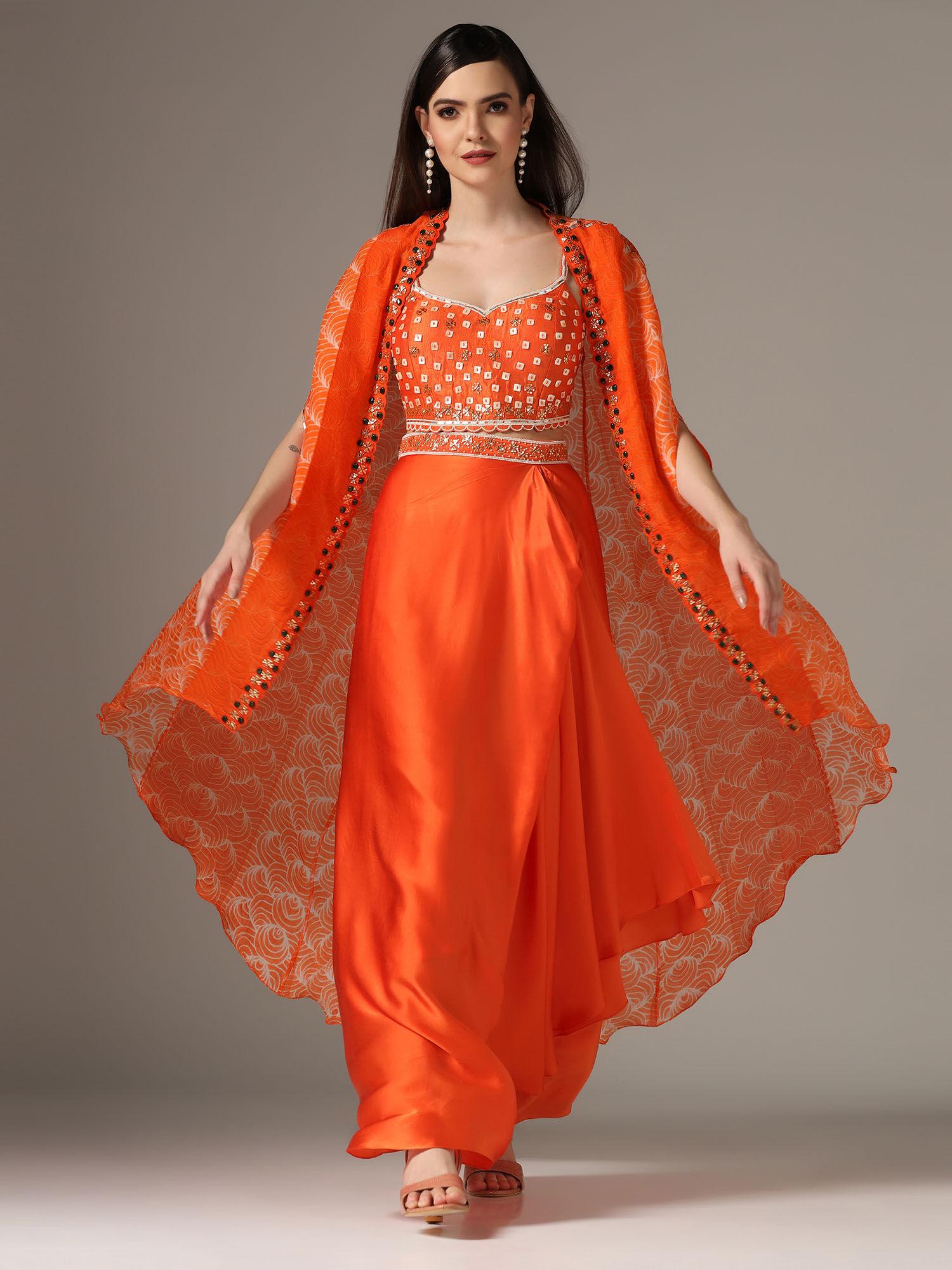 orange drape skirt with shibori cape and bustier set (set of 3)