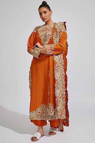 orange dupion embroidered kurta set