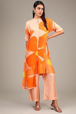 orange dupion silk floral printed tunic set