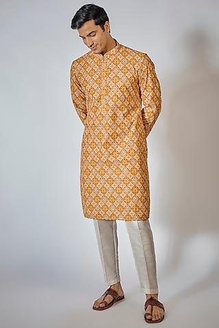 orange dupion silk printed kurta set