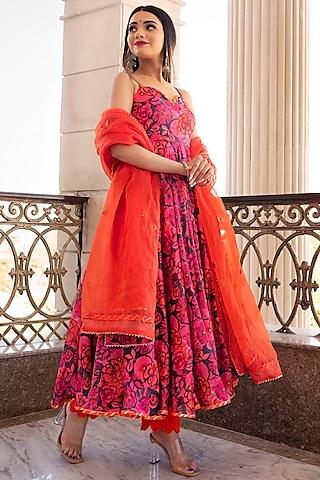 orange embellished & printed anarkali set