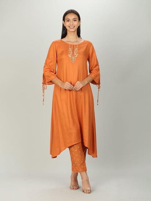 orange embellished aline kurti