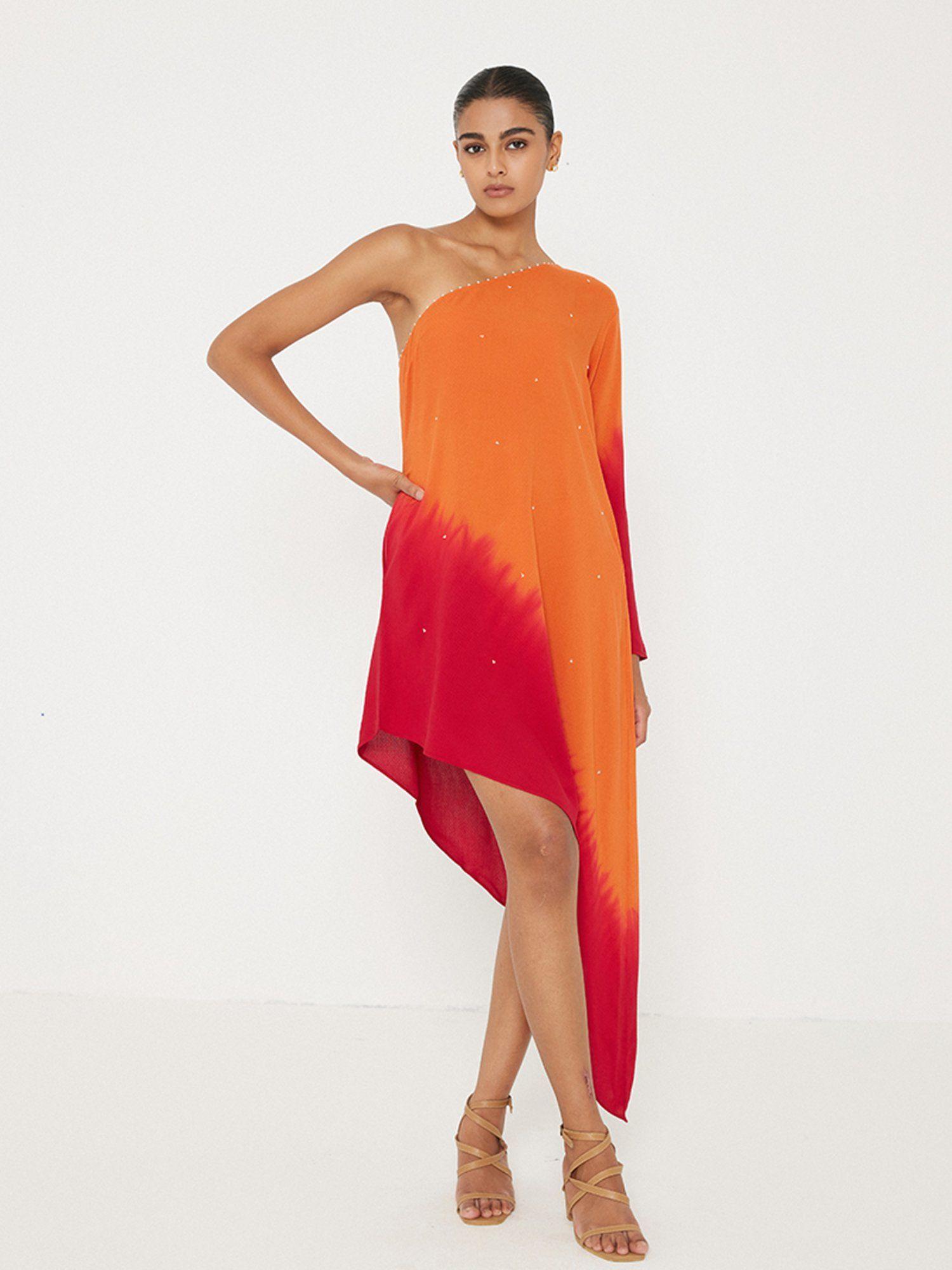 orange embellished asymmetric dress