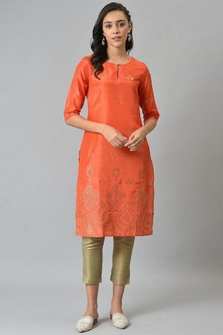 orange embellished casual key hole neck 3/4th sleeves women straight fit kurta