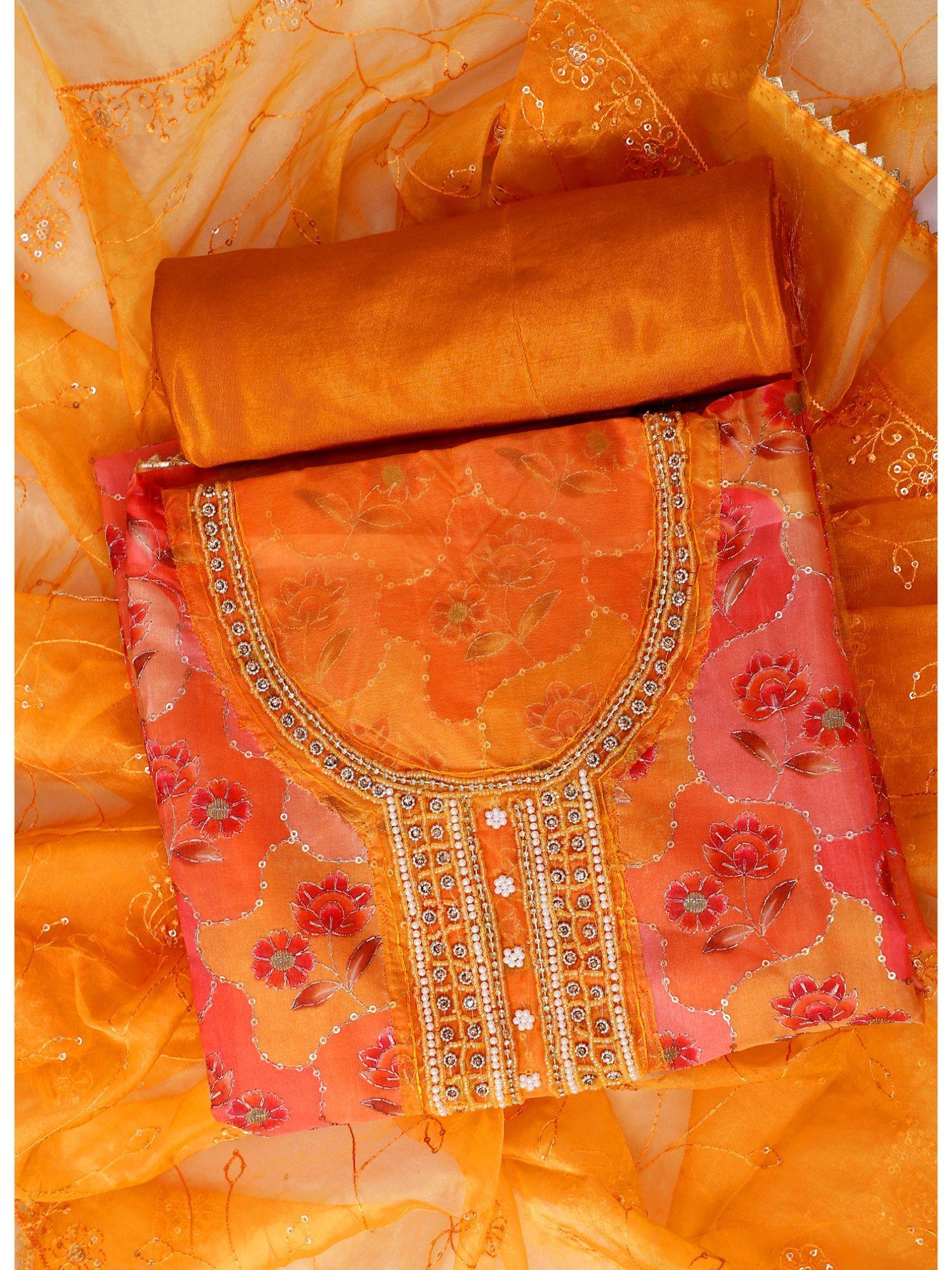 orange embellished unstitched dress material (set of 3)
