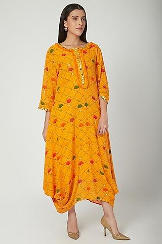 orange embroidered & printed draped dress