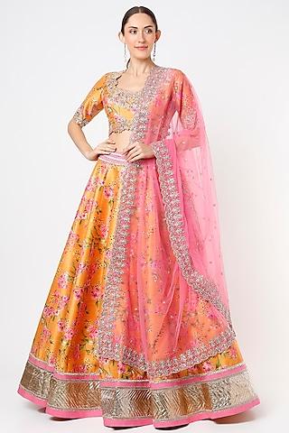 orange embroidered & printed lehenga set