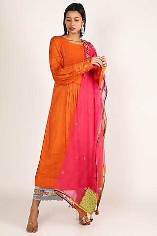 orange embroidered a-line kurta set