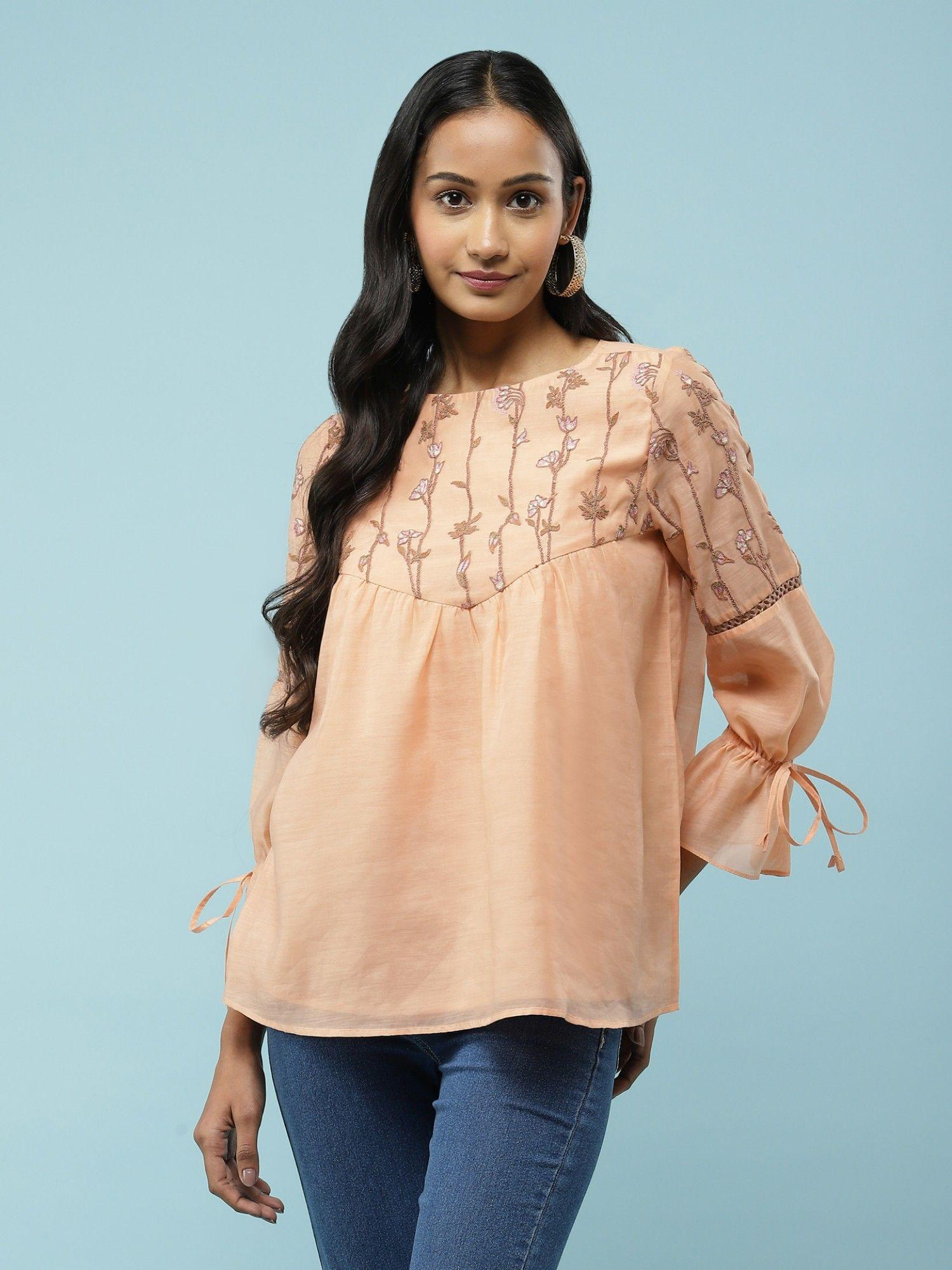 orange embroidered a-line top