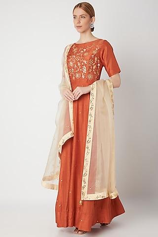 orange embroidered anarkali gown with dupatta