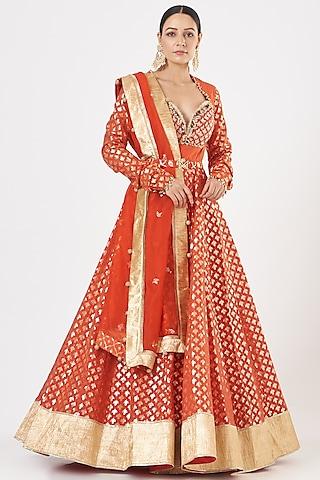 orange embroidered anarkali set