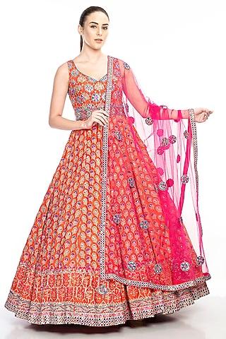 orange embroidered anarkali set