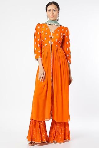 orange embroidered anarkali set