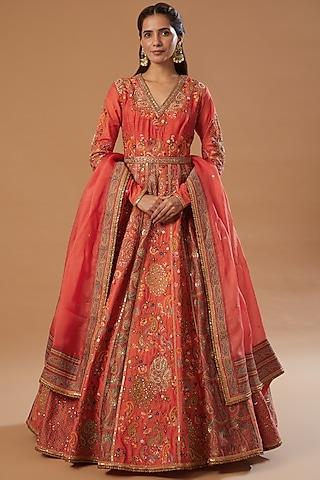 orange embroidered anarkali set