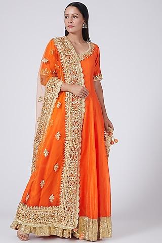 orange embroidered anarkali set