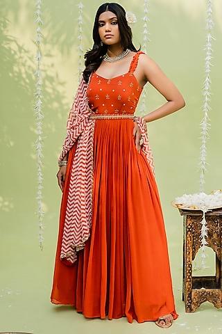 orange embroidered anarkali set