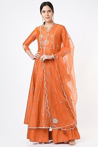 orange embroidered anarkali set