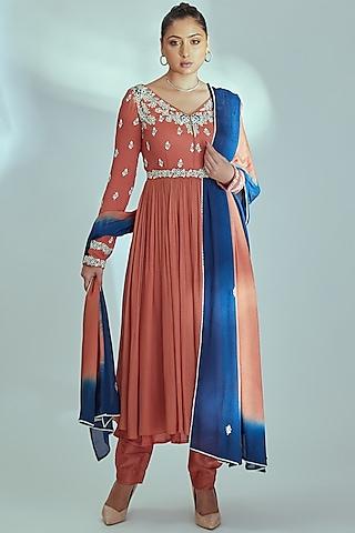 orange embroidered anarkali set