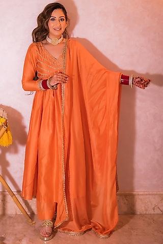 orange embroidered anarkali set