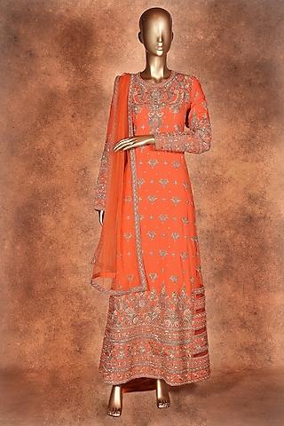 orange embroidered anarkali with dupatta