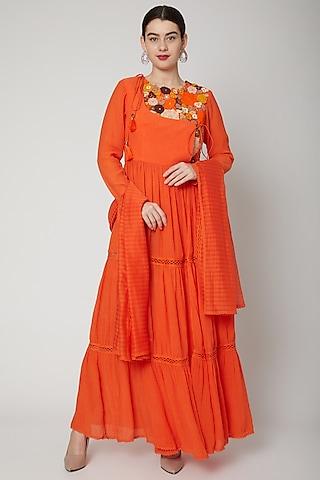 orange embroidered angrakha anarkali with dupatta