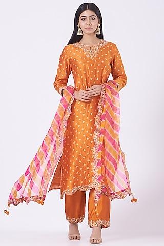 orange embroidered bandhej kurta set
