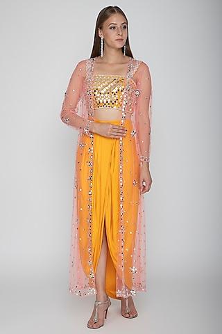 orange embroidered blouse with dhoti skirt & blush pink cape