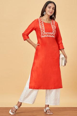 orange embroidered calf-length casual women regular fit kurtas